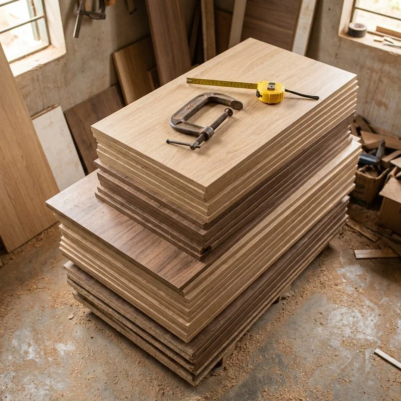 Các tấm gỗ MDF phủ melamine xếp chồng trong xưởng nội thất ở Hoài Đức