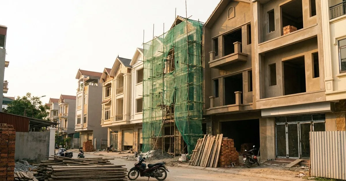 Dãy nhà phố đang hoàn thiện tại Hà Nội với giàn giáo và lưới che công trình