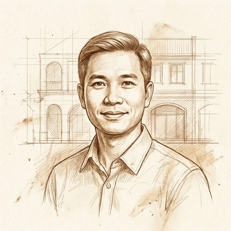 Chân dung minh họa Boris Nguyen — Kiến trúc sư kiêm Kỹ sư xây dựng của NHÀ MỘC