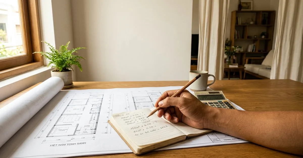 Máy tính cầm tay và bút chì đặt trên bản vẽ mặt bằng nhà phố để tính chi phí xây nhà