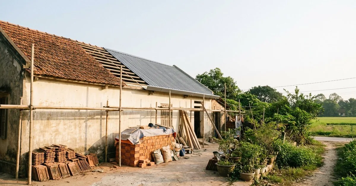 Nhà cấp 4 cũ ở ngoại thành Hà Nội đang cải tạo với mái mới và giàn giáo