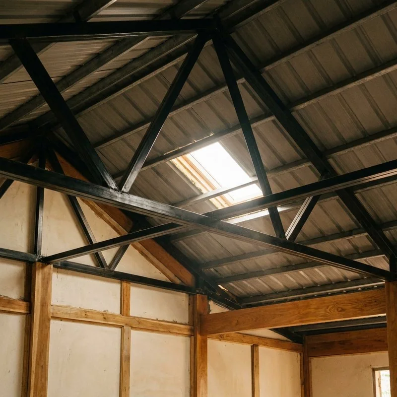 Bộ khung mái mới lợp tôn xốp cách nhiệt nhìn từ trong nhà cấp 4