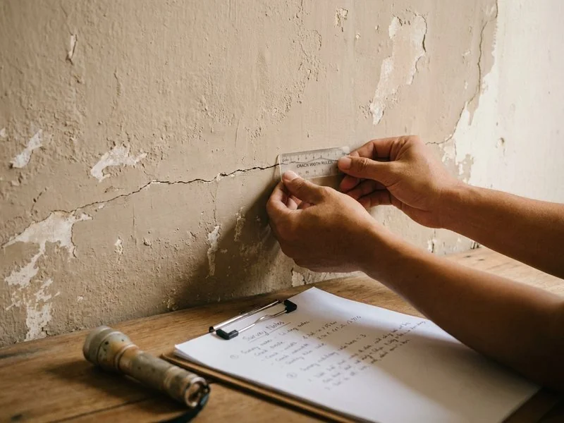 Kỹ sư đo kiểm vết nứt tường trong buổi khảo sát hiện trạng nhà cũ
