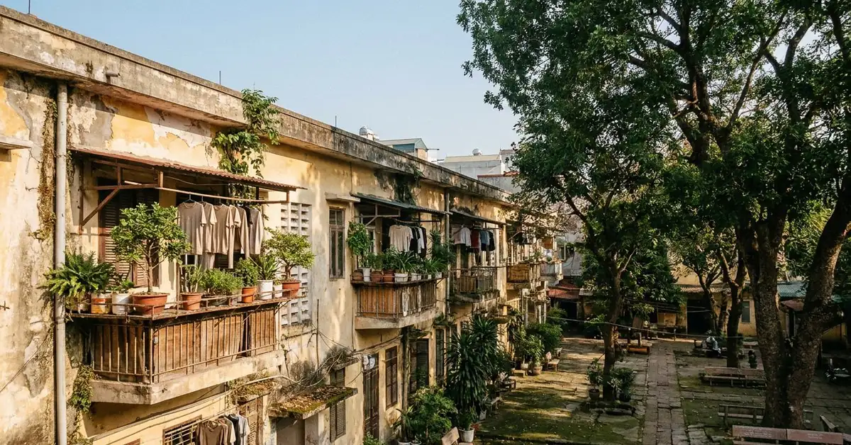 Dãy nhà tập thể cũ Hà Nội với ban công cơi nới và cây xanh trước sân