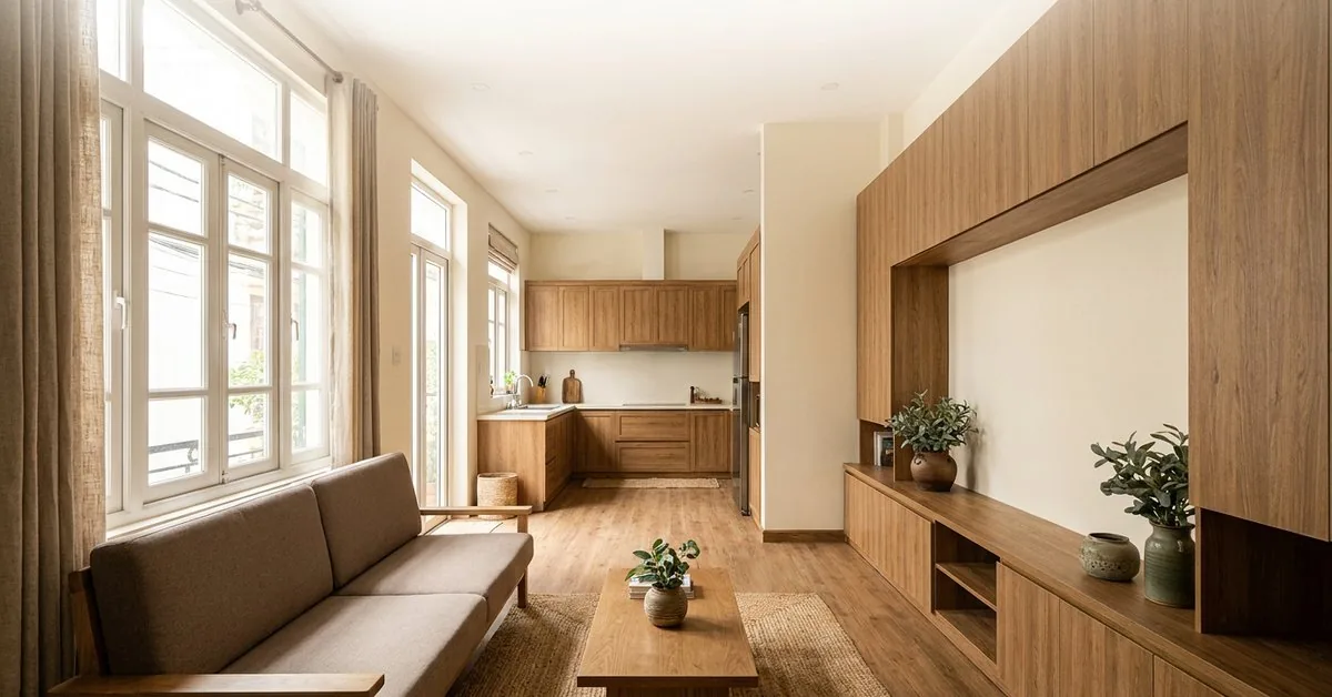 Phòng khách liền bếp nhà phố Hà Nội với hệ tủ gỗ MDF phủ Melamine vân gỗ ấm