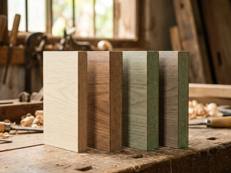 Bốn mẫu ván MDF xếp cạnh nhau cho thấy khác biệt giữa cốt thường và cốt chống ẩm xanh