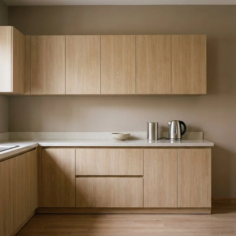 Tủ bếp MDF chống ẩm phủ Melamine vân gỗ sáng vừa lắp hoàn thiện trong bếp nhà phố