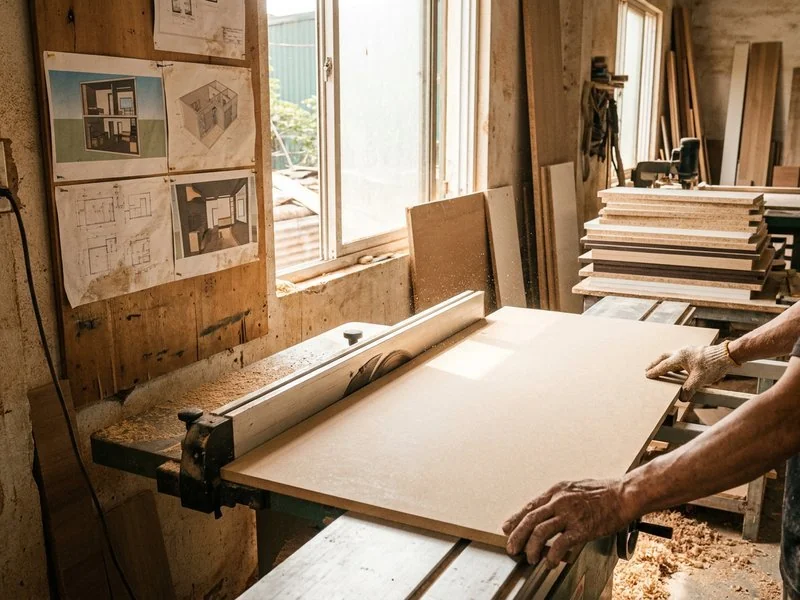 Thợ xưởng nội thất cắt tấm ván MDF trên máy theo kích thước bản vẽ từng phòng