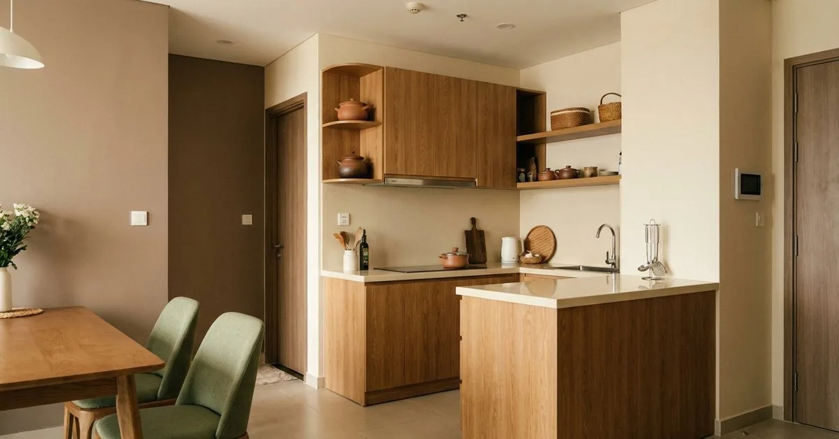 Bếp căn hộ chung cư 70m² gọn gàng với hệ tủ gỗ MDF vân sáng và bàn đảo nhỏ