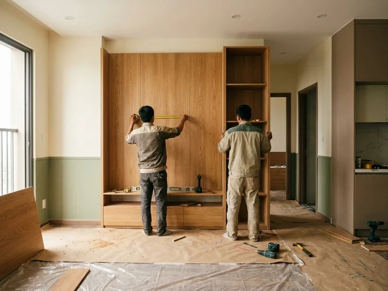 Minh hoạ lắp đặt nội thất căn hộ chung cư do xưởng NHÀ MỘC sản xuất