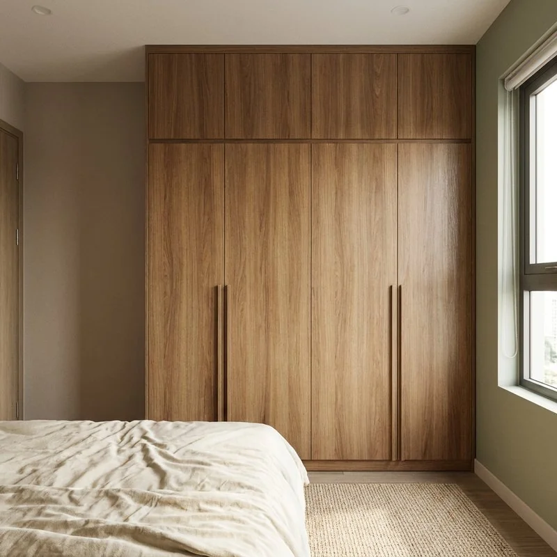 Tủ quần áo MDF kịch trần trong phòng ngủ căn hộ chung cư nhìn từ trên xuống