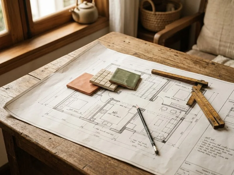 Bản vẽ mặt bằng cải tạo trải trên bàn cạnh mẫu gạch và bút chì
