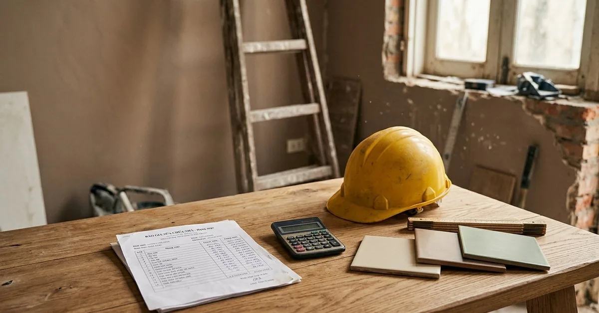 Bảng bóc tách chi phí sửa nhà đặt cạnh mũ bảo hộ và thước đo trên bàn gỗ
