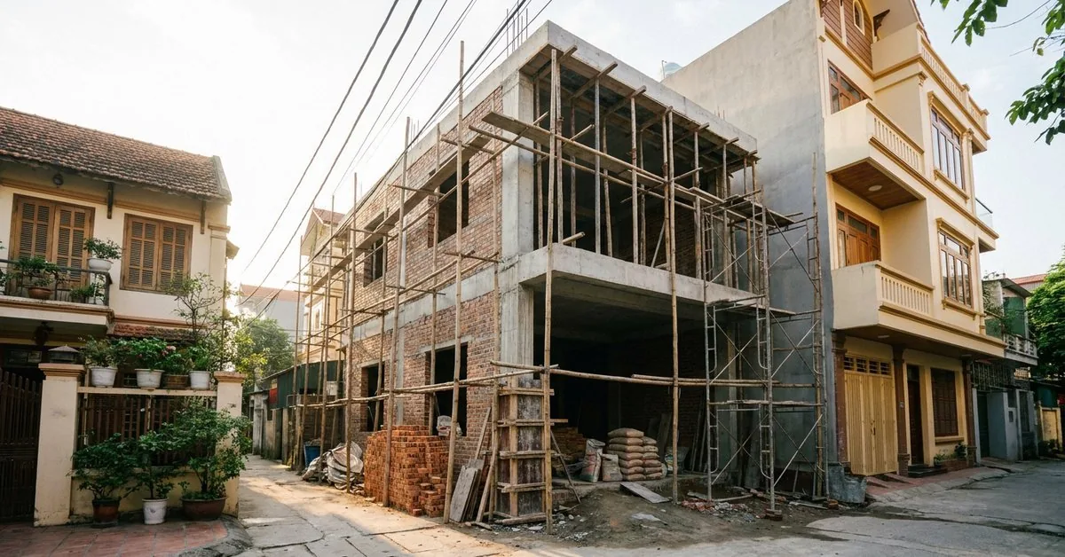 Nhà phố 3 tầng đang xây phần thô với giàn giáo bao quanh trong ngõ Hà Nội
