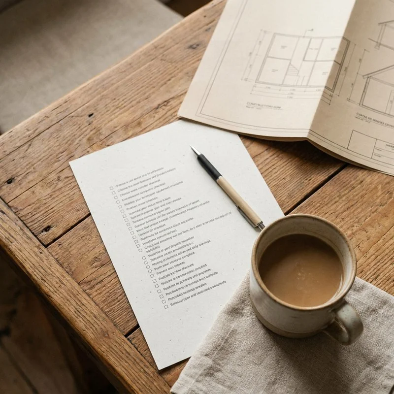 Ảnh minh hoạ: tờ checklist 10 câu hỏi chọn nhà thầu in ra đặt trên bàn cạnh cốc cà phê