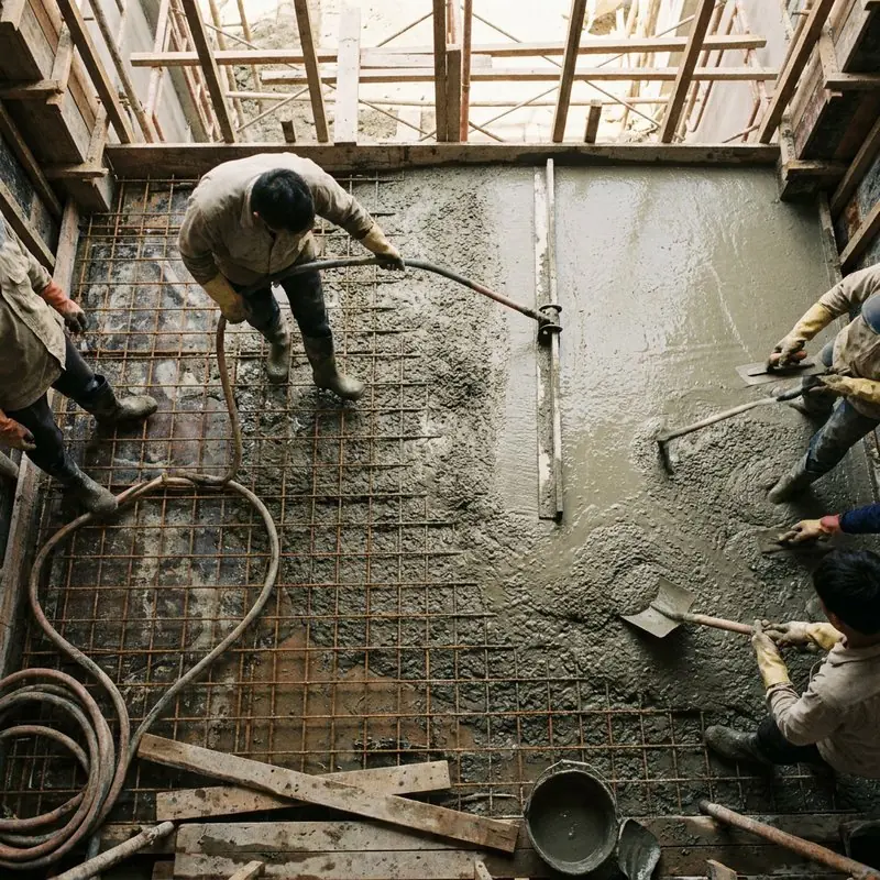 Nhóm thợ đang đổ bê tông sàn tầng, đầm và gạt phẳng mặt bê tông tươi trên công trường