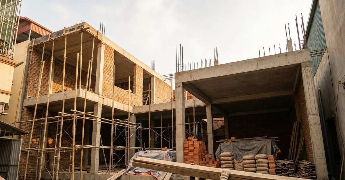 Công trình nhà phố đang thi công phần thô với khung bê tông cốt thép và giàn giáo tại Hà Nội