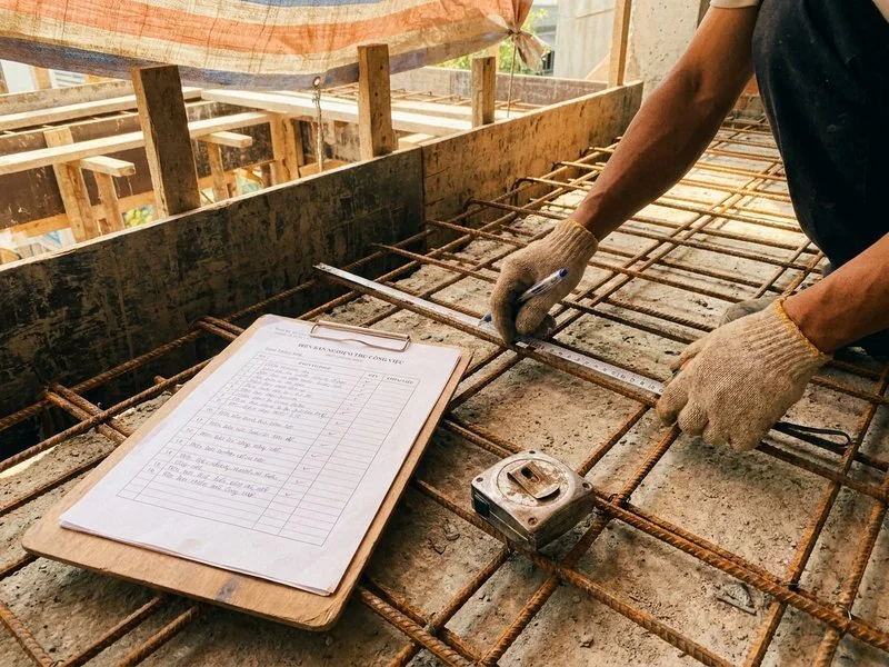 Kỹ sư ghi biên bản nghiệm thu, kiểm tra khoảng cách buộc thép sàn trước khi đổ bê tông