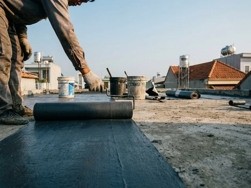Thợ đang quét lớp chống thấm lên mặt mái bê tông của nhà phố trước khi lát gạch