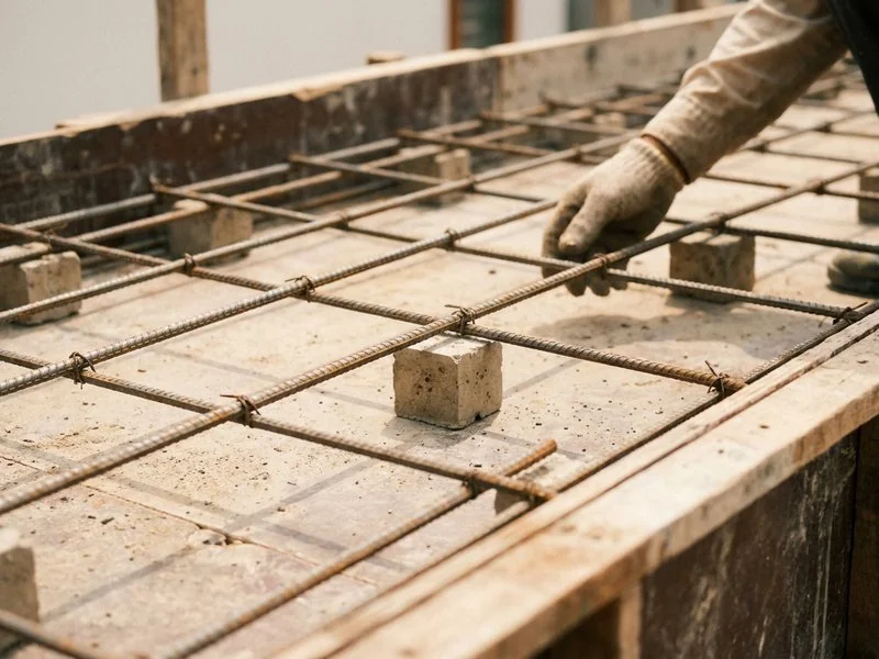 Cận cảnh lớp cốt thép sàn đã buộc chờ đổ bê tông, có con kê nâng thép khỏi mặt đất