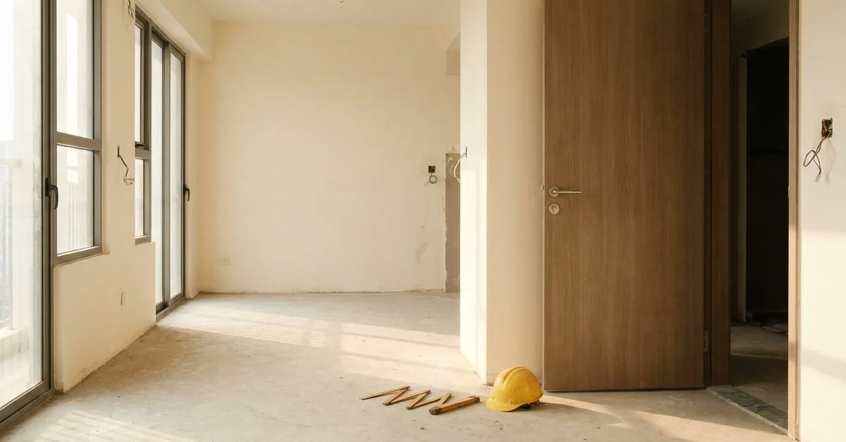 Căn hộ mới bàn giao thô với sàn bê tông và cửa sổ sáng, sẵn sàng hoàn thiện nội thất