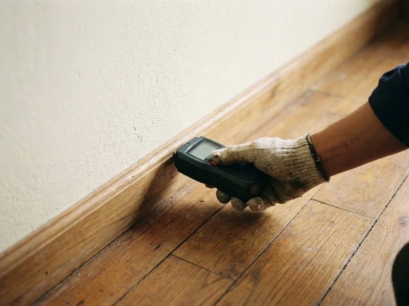 Máy đo ẩm áp vào chân tường căn hộ mới trong buổi kiểm tra bàn giao