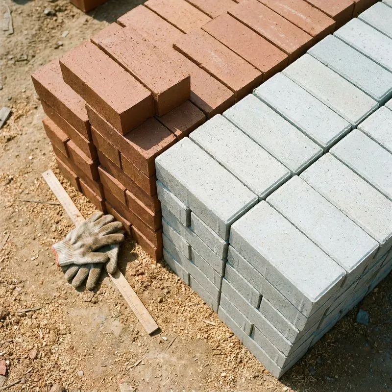 Chồng gạch đỏ và gạch không nung xếp ngay ngắn chờ nghiệm thu ở công trường