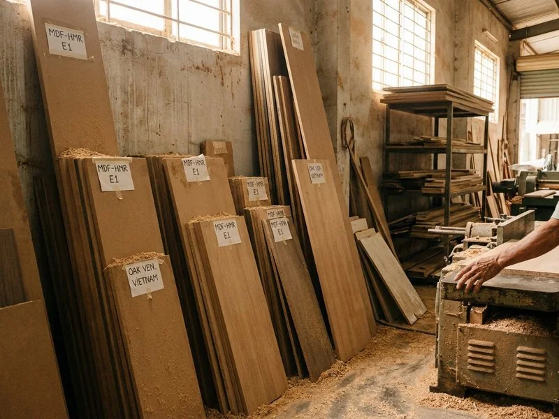 Tấm ván gỗ công nghiệp trong xưởng nội thất có dán nhãn ghi cấp gỗ và nguồn gốc