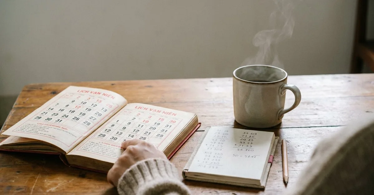 Lịch vạn niên mở cạnh sổ tay ghi phép tính tuổi trên bàn gỗ ấm