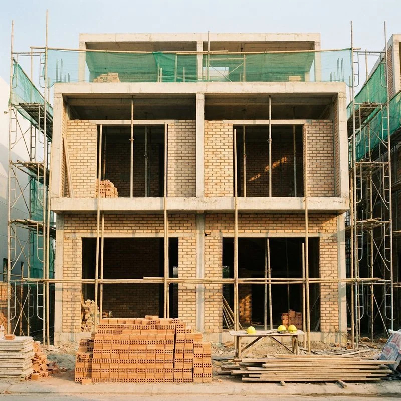 Toàn cảnh công trường nhà phố đang thi công với giàn giáo và lưới che an toàn
