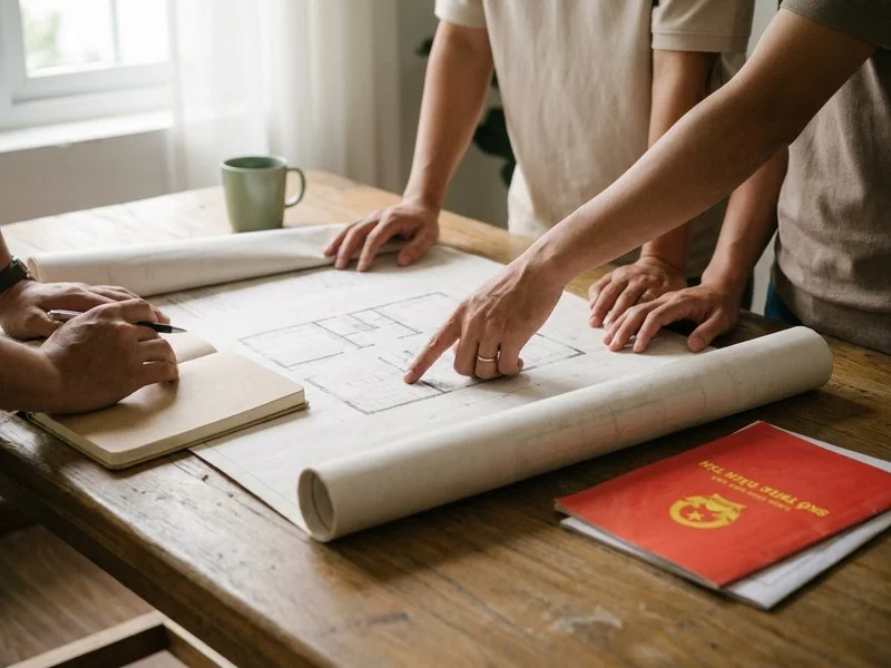 Vợ chồng gia chủ trẻ trao đổi bản vẽ nhà với kiến trúc sư trong buổi tư vấn xây nhà