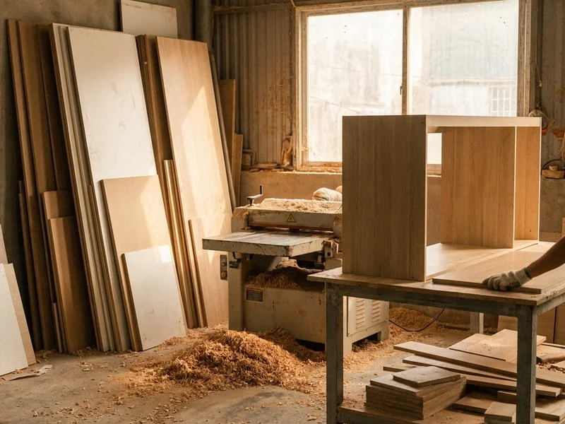 Các tấm gỗ MDF phủ melamine xếp chồng trong xưởng nội thất NHÀ MỘC ở Hoài Đức