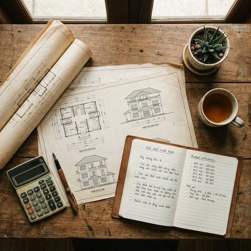 Bản vẽ biệt thự trải trên bàn cạnh máy tính và sổ ghi khái toán