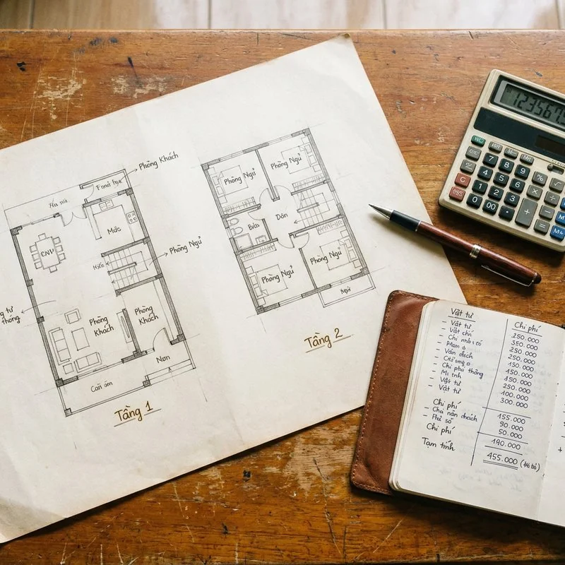 Bản vẽ mặt bằng nhà hai tầng cạnh máy tính và sổ ghi ngân sách