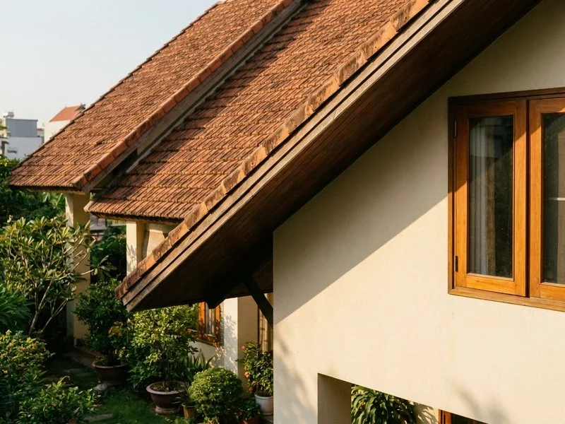 Mái dốc lợp ngói của nhà hai tầng nhìn từ sân trước lúc chiều