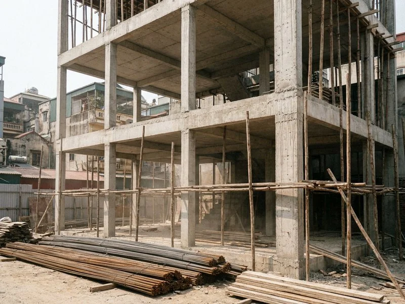 Khung cột bê tông nhà ba tầng đang thi công với giàn giáo bao quanh