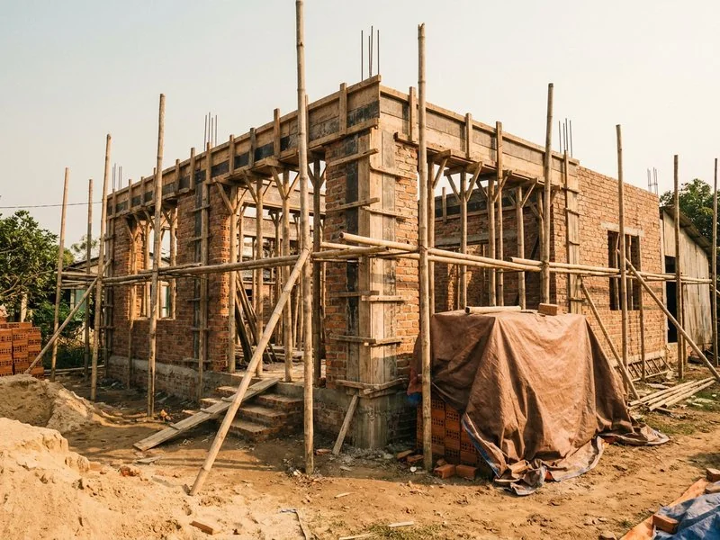 Công trình nhà cấp 4 đang đổ mái với giàn giáo và bạt che gọn gàng