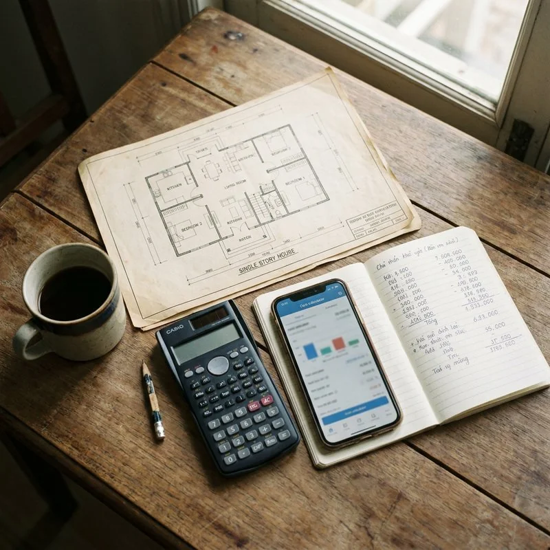 Bản vẽ nhà cấp 4 cạnh máy tính và sổ tay ghi khái toán chi phí