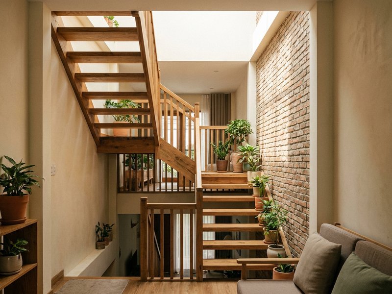 Giếng trời giữa nhà ống rọi nắng xuống cầu thang và bức tường gạch mộc