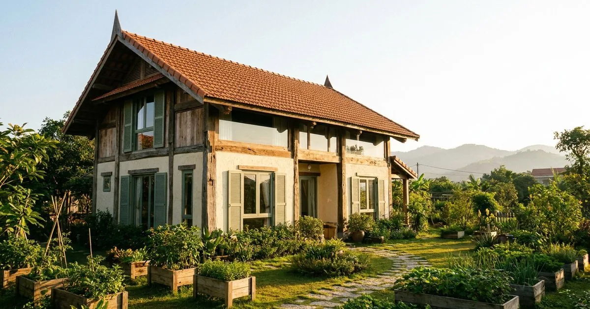 Nhà mái Thái hai tầng giữa sân vườn rộng ở ngoại thành lúc chiều nắng