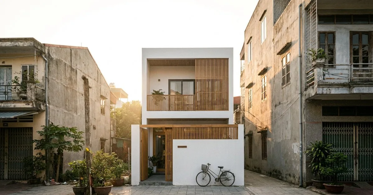 Mặt tiền nhà ống hai tầng hiện đại kẹp giữa dãy phố Hà Nội lúc sáng sớm