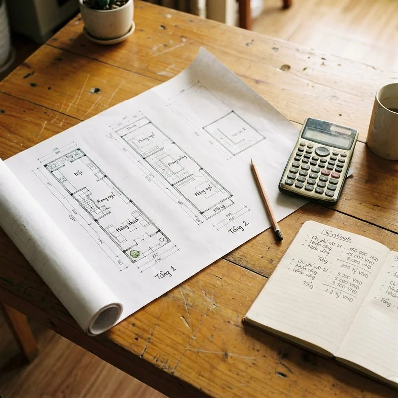 Bản vẽ nhà ống và máy tính đặt trên bàn khi lập khái toán chi phí