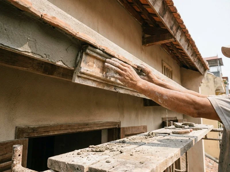 Bàn tay thợ đang đắp phào xi măng trên diềm mái nhà tân cổ điển
