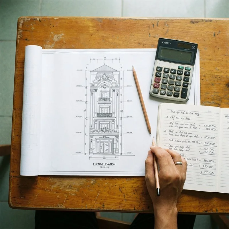 Bản vẽ mặt đứng nhà tân cổ điển cạnh máy tính và sổ ghi khái toán