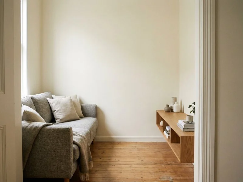 Phòng khách nhà phố phong cách hiện đại với sofa vải xám và kệ tivi gỗ sáng