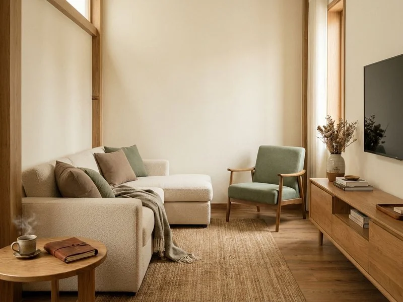 Phòng khách 20m² nhà phố với sofa góc chữ L nhỏ và kệ tivi gỗ sáng