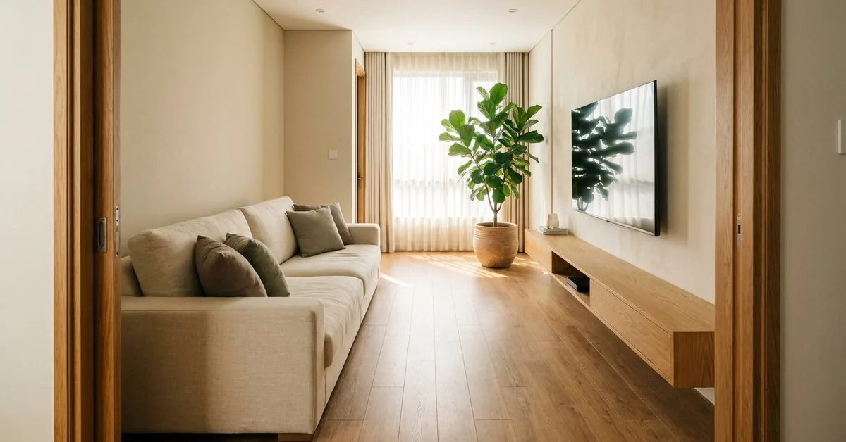 Phòng khách nhà phố Hà Nội tông kem gỗ sáng với sofa vải và cây xanh lớn