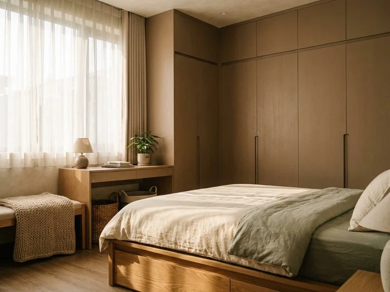 Phòng ngủ 14m² với giường 1m8, tủ kịch trần cánh phẳng và bàn cạnh cửa sổ