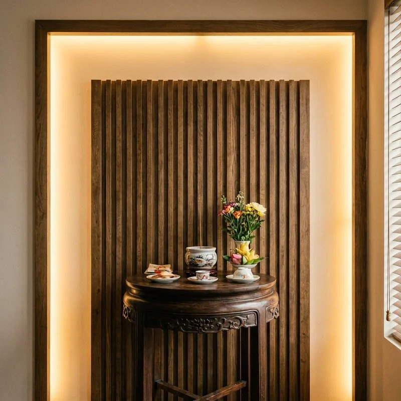 Bàn thờ gỗ tối với đèn hắt vàng ấm gián tiếp và vách lam gỗ phía sau