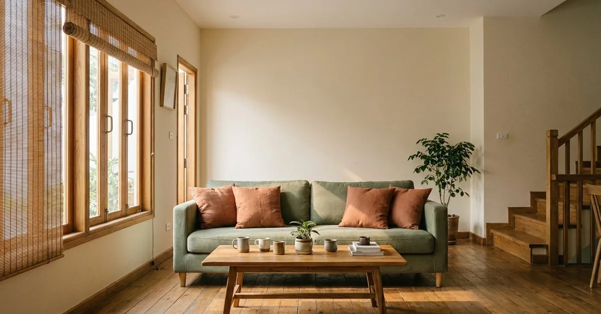 Phòng khách nền be trung tính với sofa xanh rêu và gối nhấn màu ấm